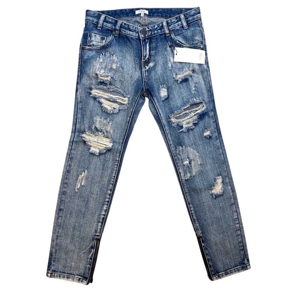 NWT Tobi Women's Distressed Ankle Zip Slim Jeans Faded Blue Wash Denim Size 25